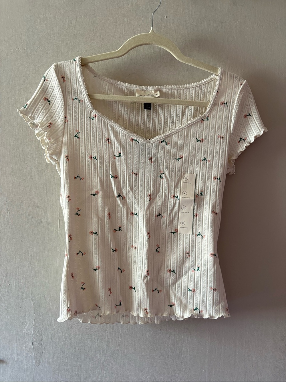 Universal Thread Cream Ribbed V-Neck Tee with Pink & Green Floral Print